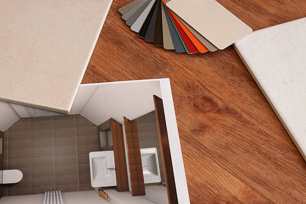 Plan de salle de bain avec carreaux de différentes couleurs